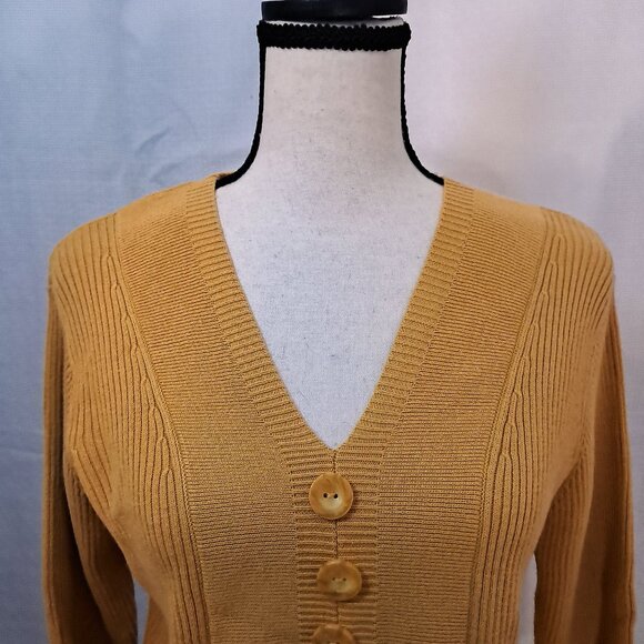 Y2K Dressbarn Gold Ribbed V-Neck Button Detail Cotton Sweater Size L - Picture 11 of 11